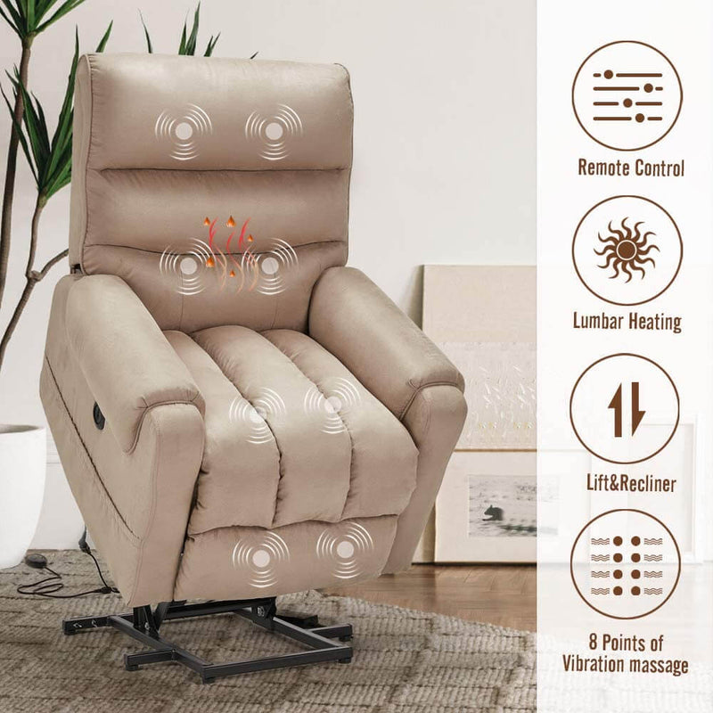 Electric Power Lift Recliner Chair Recliner Sofa for Elderly, Microfiber Recliner Chair with Heated Vibration Massage, 2 Side Pockets and USB Ports, Beige