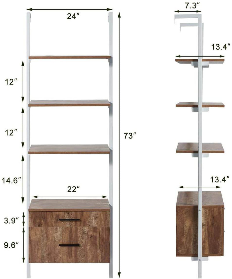 Wall Mounted Industrial 3-Tier Bookshelf with 2 Wood Drawers & Matte Steel Frame Ladder Shelf Bookcase, White
