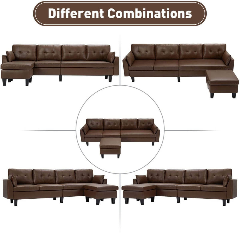 4-Seat Sectional Sofa Convertible Couch Brown Faux Leather Reversible L-Shape Couch for Living Room, Living Room Furniture Sets with Chaise Lounge for Apartment