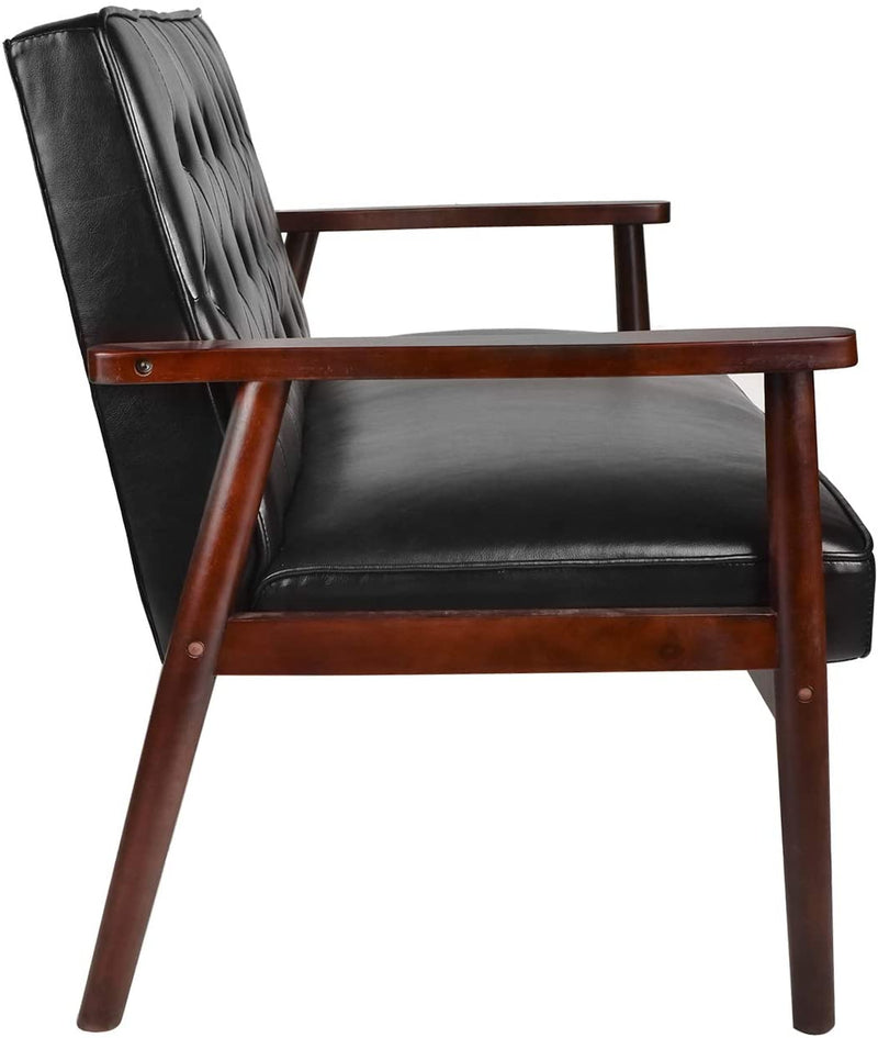 Mid-Century Accent Chair Retro Faux Leather Upholstered Wooden Lounge Chair Black Set