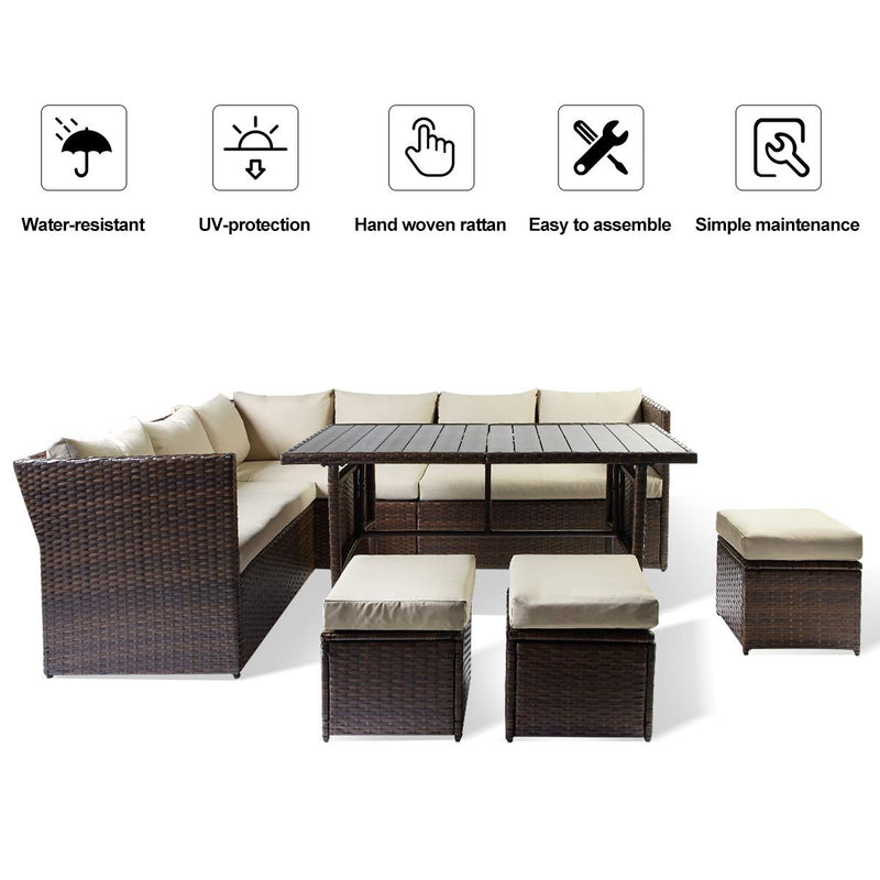 Outdoor Patio Sectional Furniture Set, 7 Pcs Outdoor Conversation Sets, Patio Dining Sets All Weather Wicker Sectional Sofa with Ottoman, Brown