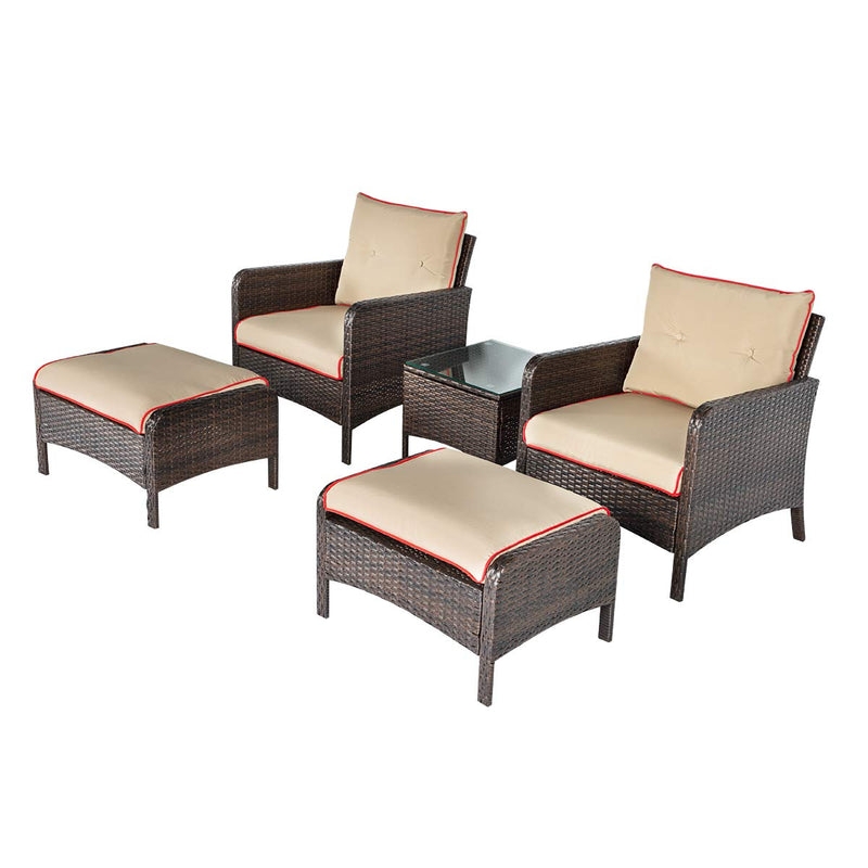 5 Pcs Patio Furniture Set Outdoor Chair and Ottoman Set with Cushions & Side Table PE Wicker Rattan