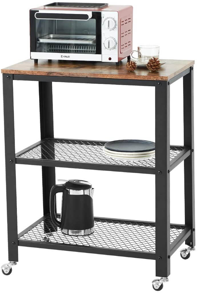 Industrial Kitchen Cart 3-Tier, Rolling Serving Cart on Wheels with Storage, Microwave Cart for Kitchen, Vintage Brown