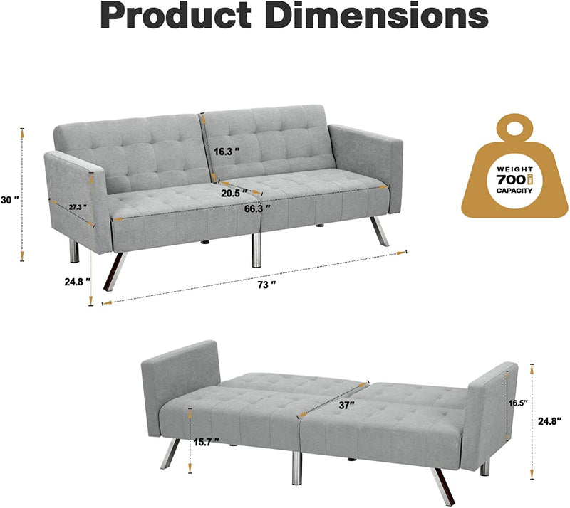 Convertible Futon Sofa Bed w/ Adjustable Backrest, Chenille Fabric Sleeper Sofa Couch, Split-Back & Folding Loveseat, Light Grey