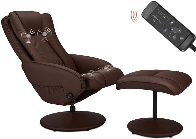 Recliner Chair and Ottoman, 360 Degrees Swivel Ergonomic Faux Leather Lounge Recliner with Footrest, Vibration Massage Lounge Chair with Side Pocket, Brown