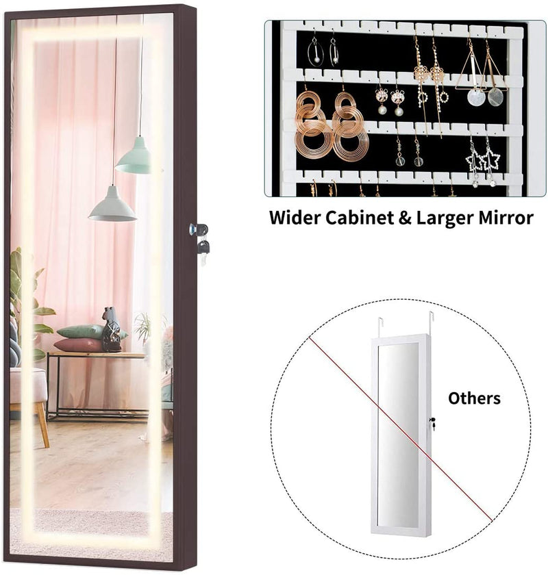Wall Jewelry Armoire, Jewelry Cabinet with Full Length Mirror, 3 Different Brightness LED Light & Lockable Design, Brown
