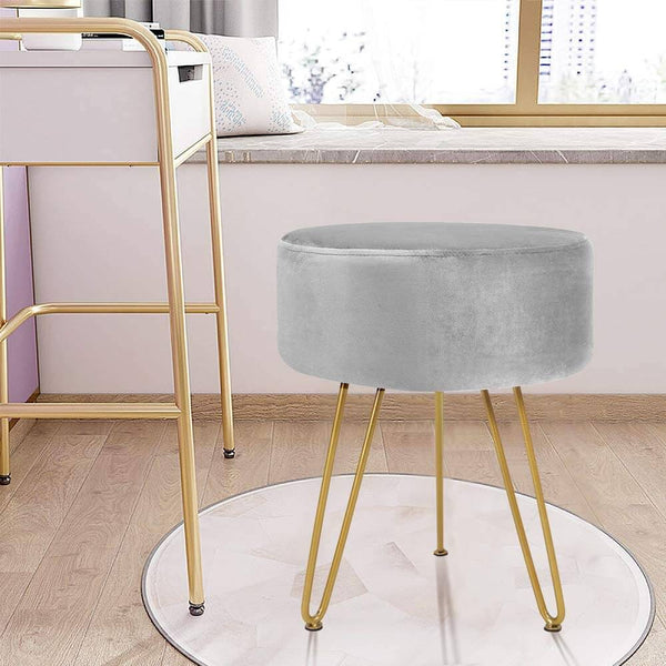 Velvet Footrest Ottoman Round Modern Upholstered Vanity Footstool Side Table Seat Dressing Chair with Golden Metal Leg, Gray