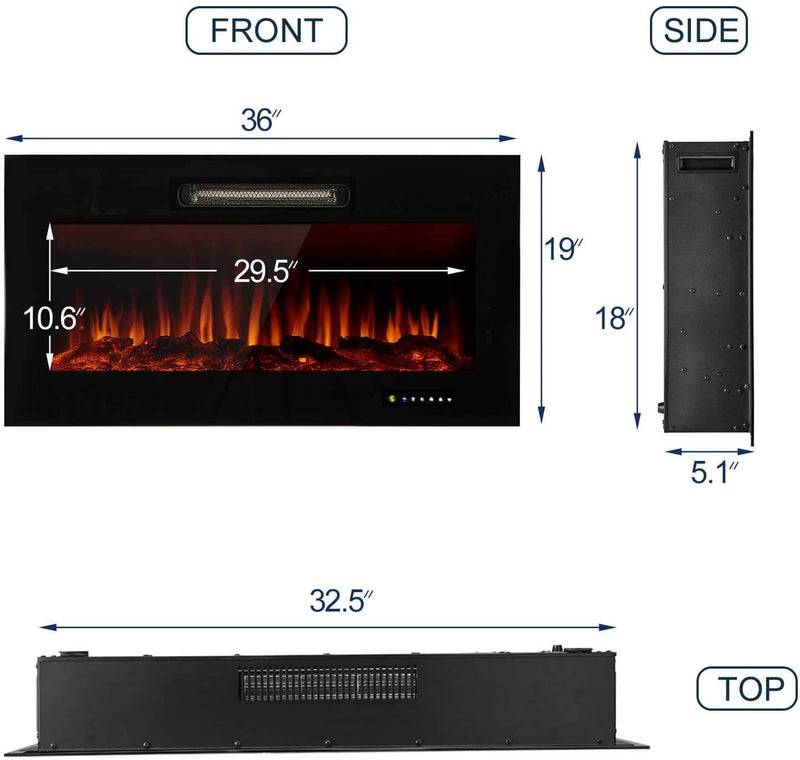 36" Recessed Mounted Electric Fireplace with Timer & Auto-shutoff, 750/1500W