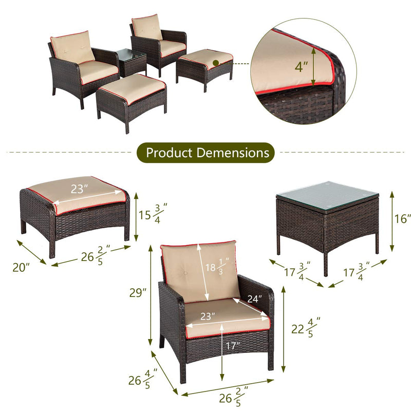 5 Pcs Patio Furniture Set Outdoor Chair and Ottoman Set with Cushions & Side Table PE Wicker Rattan