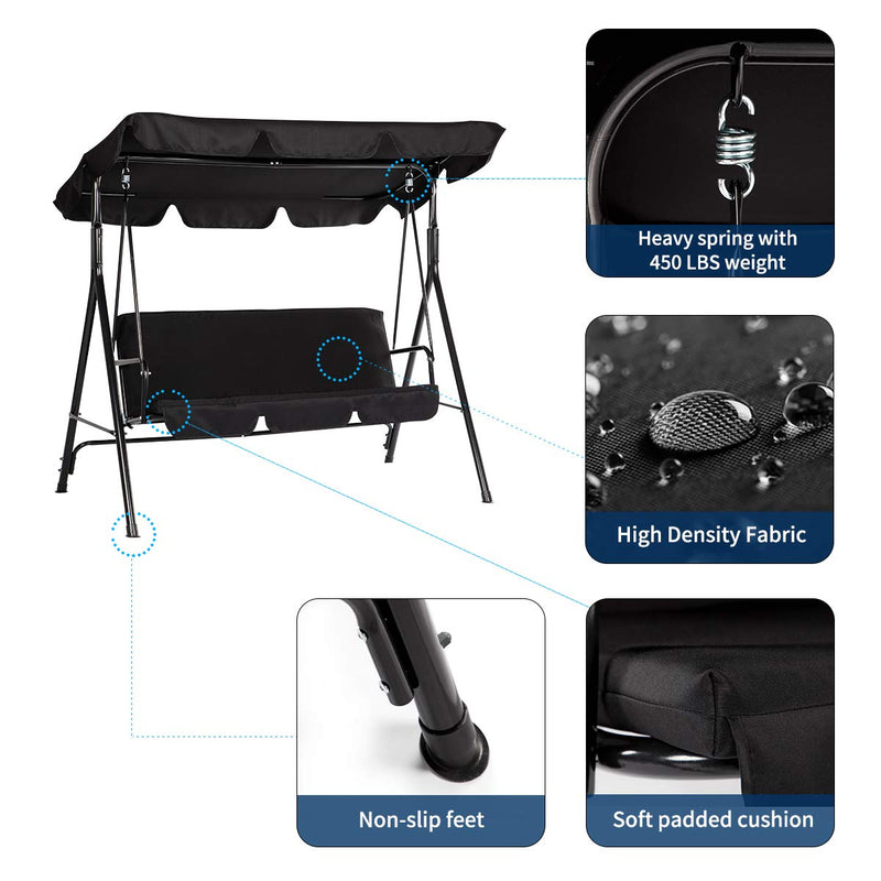 Patio Swing Chair Outdoor Porch Swings with 3 Removable Cushion Seats, Black