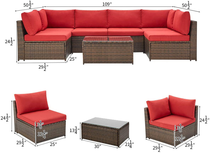 7 Pcs Patio Furniture Set, Wicker Rattan Conversation Sets, Outdoor Sectional Sofa Set, Red Cushion