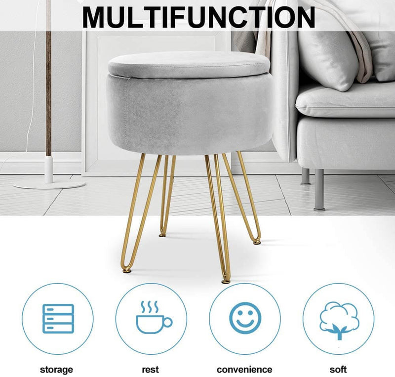 Velvet Footrest Storage Ottoman Round Modern Upholstered Vanity Footstool Side Table Seat Dressing Chair with Golden Metal Leg, Gray