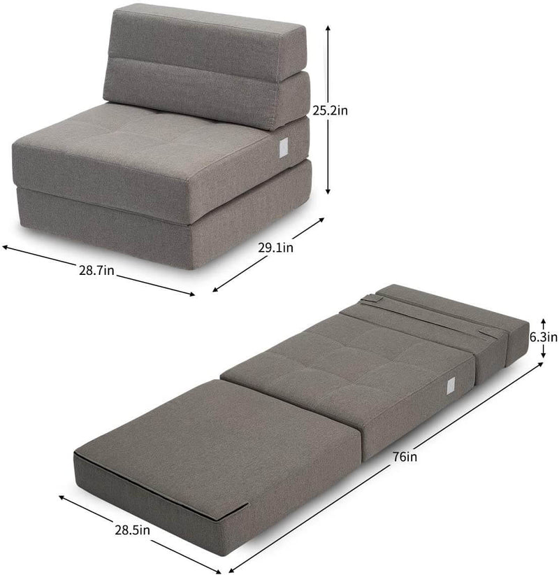 Triple Fold Down Sofa Bed, Sleeper Sofa 2 in1 Tri-Fold Floor Couch Convertible Upholstered Guest Chaise Lounge Modern Folding Lounge Chaise for Living Room and Bedroom Grey