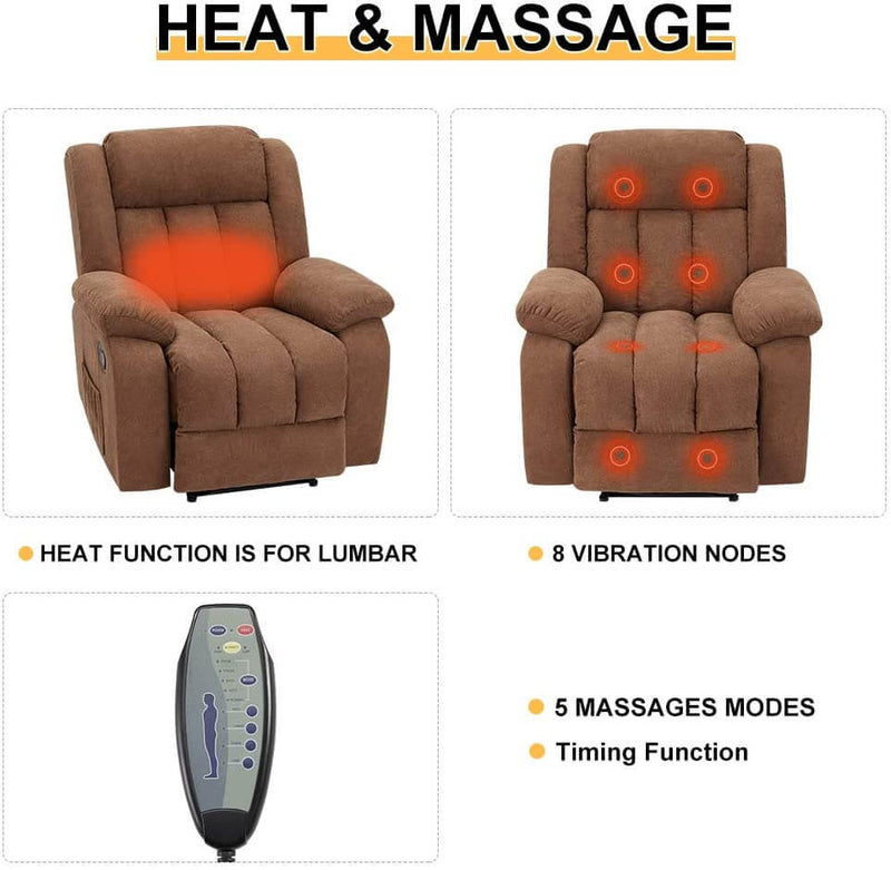 Massage Recliner Chair Fabric Heated Ergonomic Lounge Chair Overstuffed Reclining Chair Single Sofa for Living Room, Remote Control, Chocolate