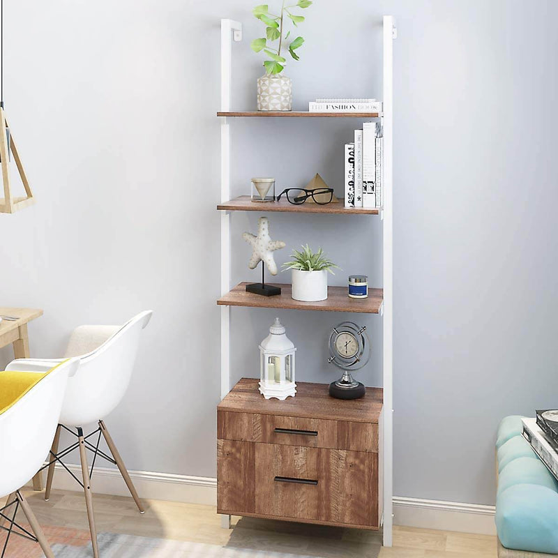 Wall Mounted Industrial 3-Tier Bookshelf with 2 Wood Drawers & Matte Steel Frame Ladder Shelf Bookcase, White
