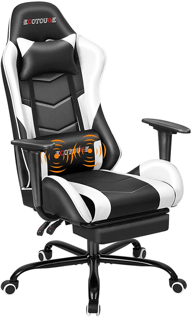 ECOTOUGE PC Massage Gaming Chair with Footrest Ergonomic Office Desk Chair  Racing PU Leather Recliner Swivel Rocker with Headrest and Lumbar Pillow