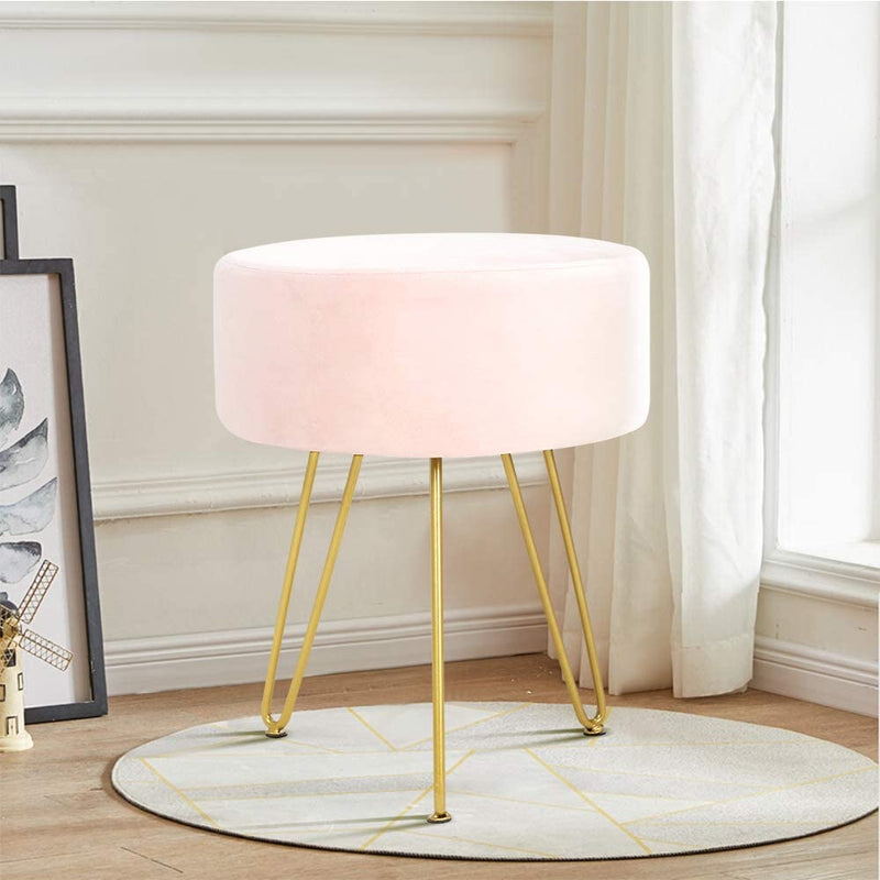 Velvet Footrest Ottoman Round Modern Upholstered Vanity Footstool Side Table Seat Dressing Chair with Golden Metal Leg, Pink