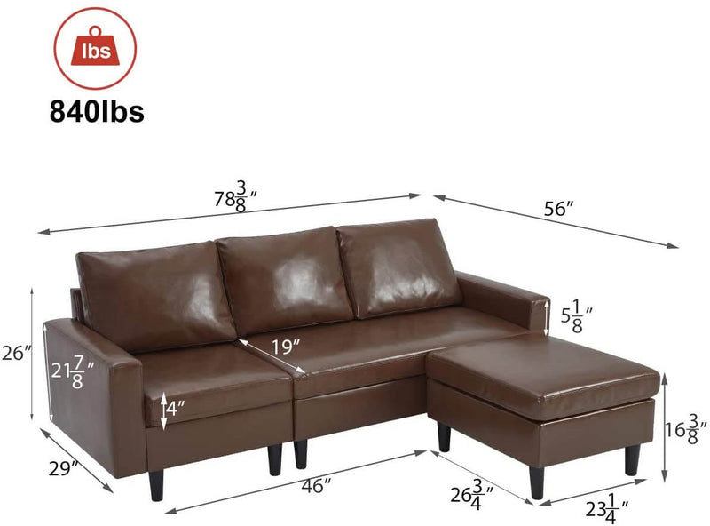 Convertible Sectional Sofa Couch, 3-seat Sofa Couch with Ottoman, L-Shaped Sofa with Modern PU Leather Fabric, for Living Room or Apartment (Brown)