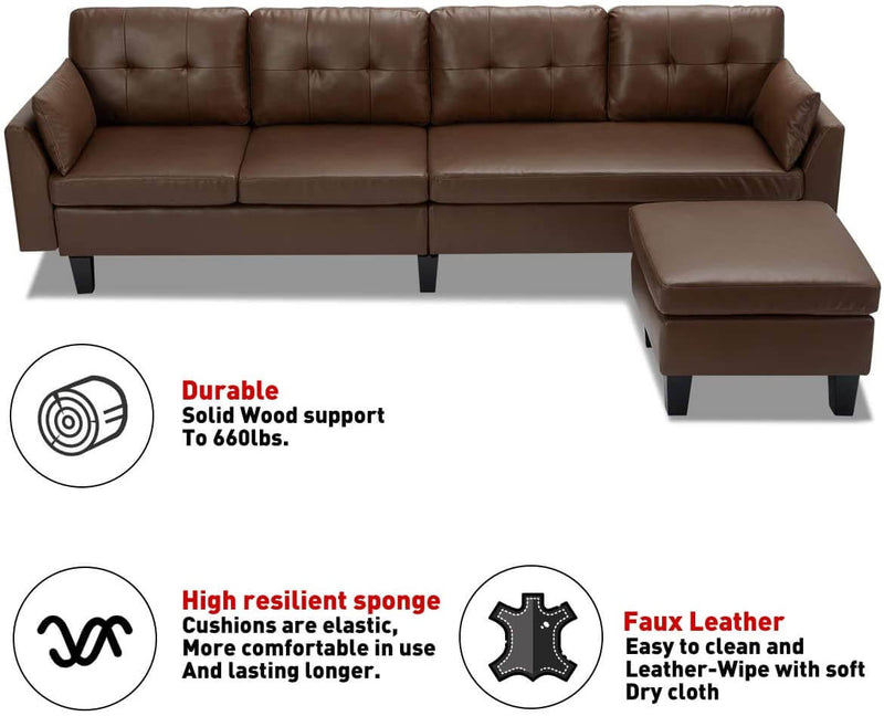 4-Seat Sectional Sofa Convertible Couch Brown Faux Leather Reversible L-Shape Couch for Living Room, Living Room Furniture Sets with Chaise Lounge for Apartment