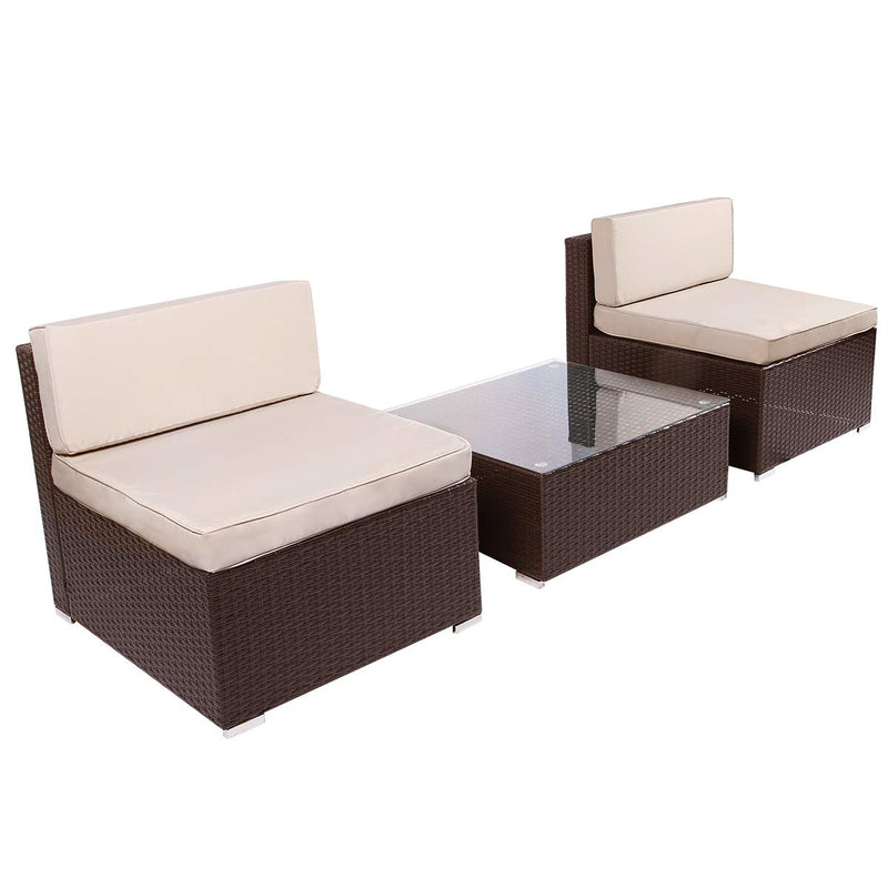 3 Piece Patio PE Rattan Wicker Sofa Set Outdoor Sectional Furniture Chair Set with Cushions and Tea Table