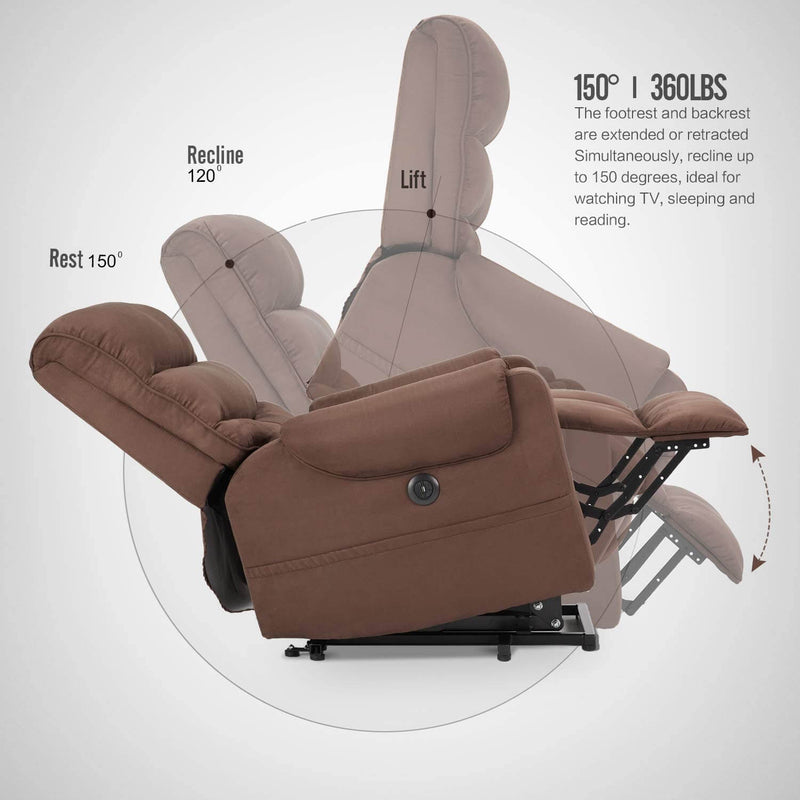 Electric Power Lift Recliner Chair Recliner Sofa for Elderly, Microfiber Recliner Chair with Heated Vibration Massage, 2 Side Pockets and USB Ports, Brown