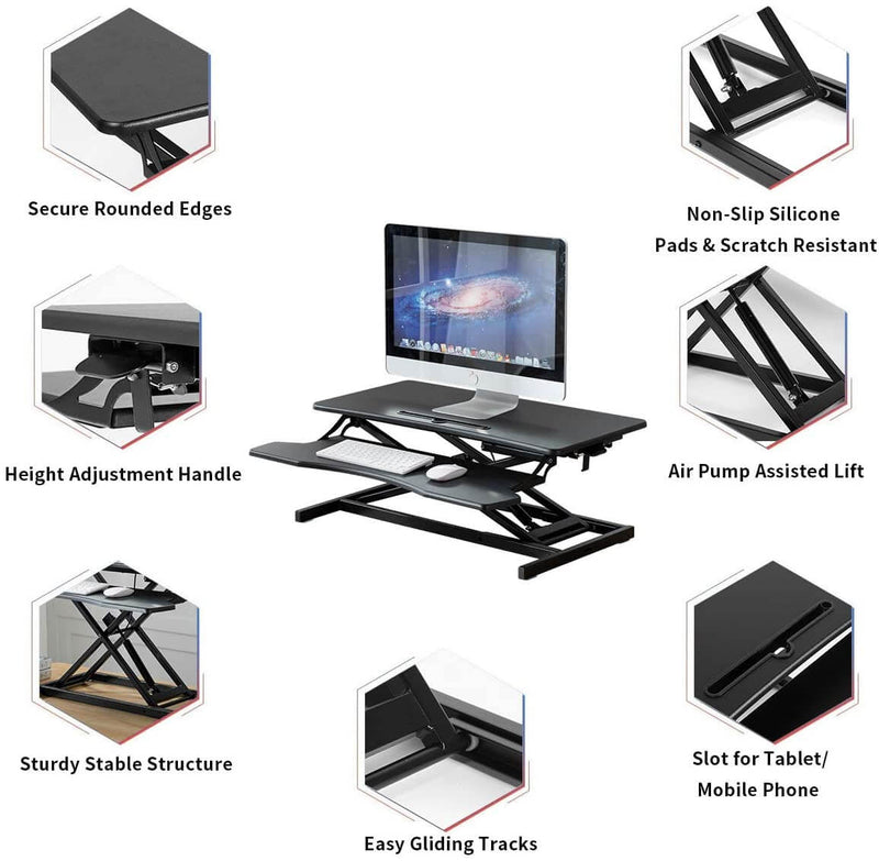 Stand Up Desk Converter 32 Inches Standing Desk Riser, Height Adjustable Home Office Desk with Deep Keyboard Tray for Laptop, Balck