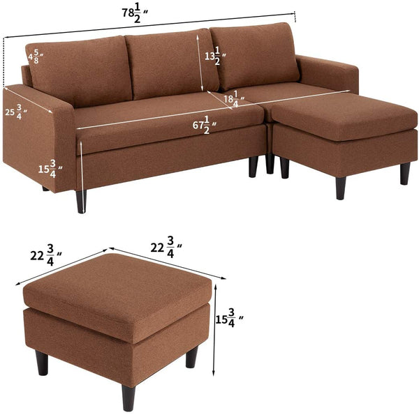 Small Sectional Sofa Couch Small 3 Piece Living Room Convertible Couch Linen Fabric L-Shape Couch with Chaise Lounge for Small Space Apartment, Brown