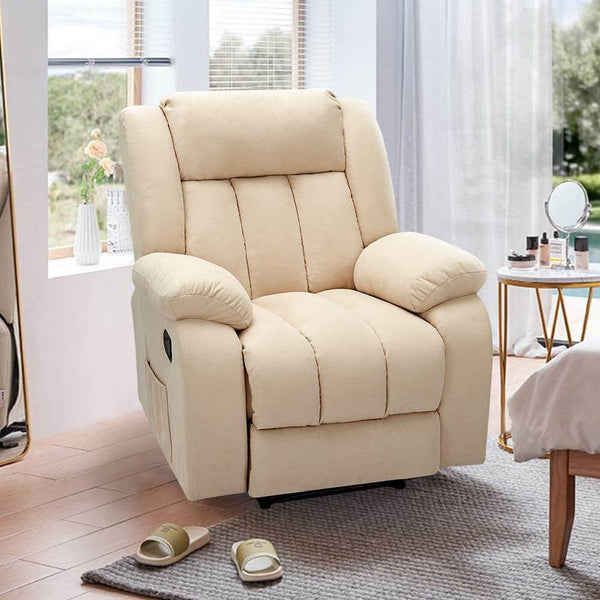 Massage Recliner Chair Fabric Heated Ergonomic Lounge Chair Overstuffed Reclining Chair Single Sofa for Living Room, Remote Control, Beige