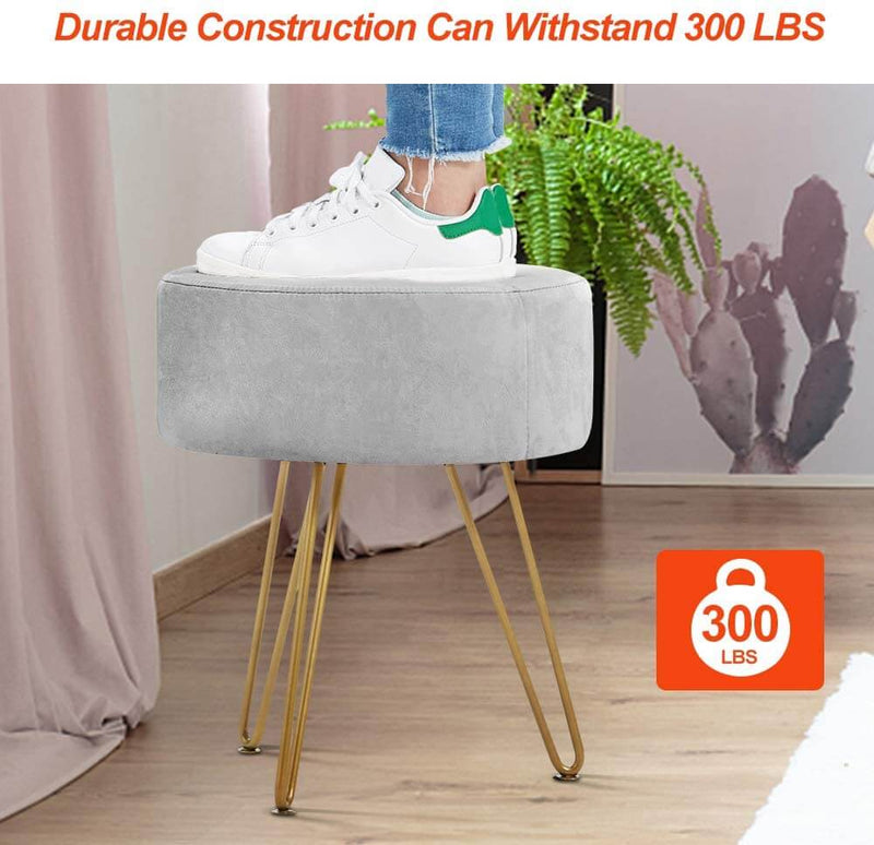 Velvet Footrest Ottoman Round Modern Upholstered Vanity Footstool Side Table Seat Dressing Chair with Golden Metal Leg, Gray