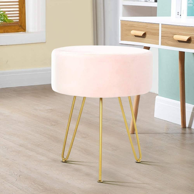 Velvet Footrest Ottoman Round Modern Upholstered Vanity Footstool Side Table Seat Dressing Chair with Golden Metal Leg, Pink