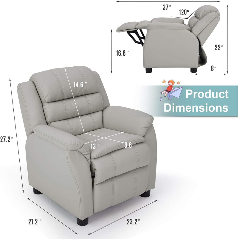 Kids Recliner Chair, Children Recliner PU Leather Armchair for Toddler Boys Girls, Lightweight Sofa Chair, 4+ Age Group, Gray