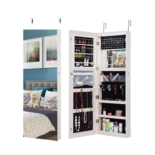 Lockable Design Jewelry Armoire, Frameless Full Length Mirror with LED Light Strip (Wall-Mounted)