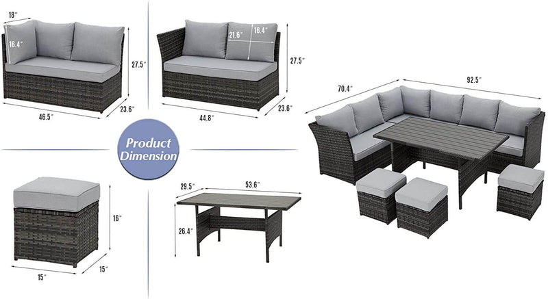 7 Pcs Patio Rattan Dining Sets Outdoor Sectional Sofas with Ottoman