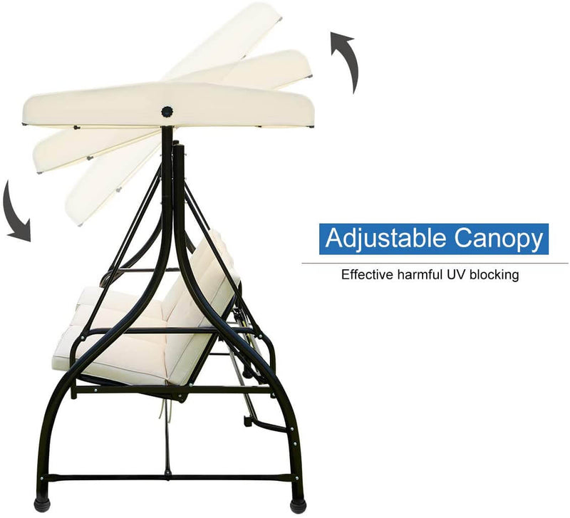 3 Person Patio Porch Swing Outdoor Swing Chair with Adjustable Canopy Weather Resistant Steel Frame & Padded, Beige