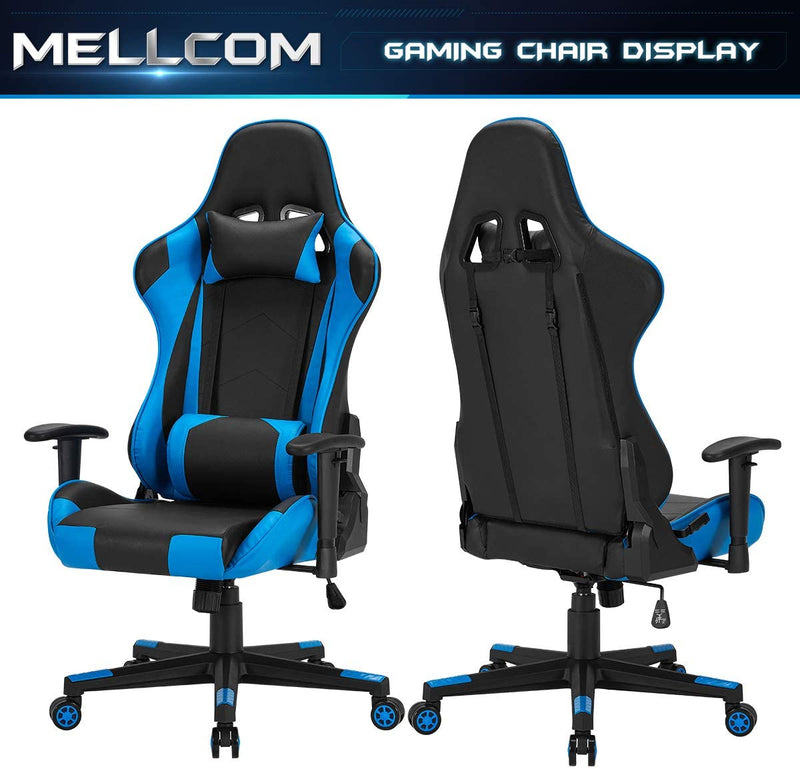 Gaming Chair Racing Office Chair, Ergonomic High Back Desk Chair Height Adjustment Swivel Rocker with Headrest and Lumbar Support Pillow (Blue)