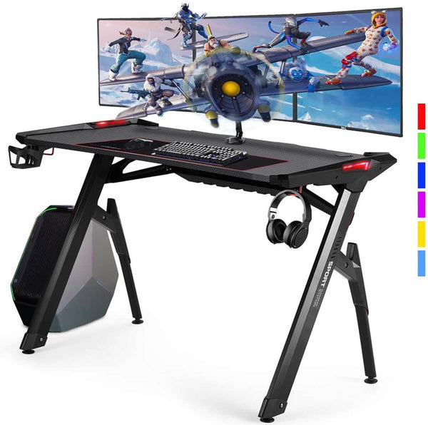 47" Ergonomic Gaming Desk Home Office Desk RGB LED Light PC Computer Table with Cup Holder & Headphone Hook, Racing Gaming Table, Black