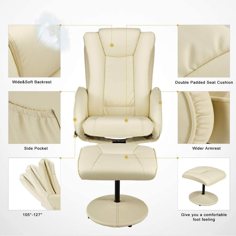 Recliner Chair and Ottoman, 360 Degrees Swivel Ergonomic Faux Leather Lounge Recliner with Footrest, Vibration Massage Lounge Chair with Side Pocket, Cream White