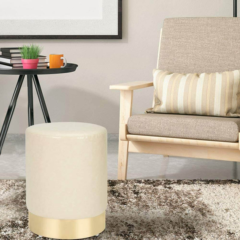 PU Leather Ottoman Round Foot Stool Footrest, Soft Compact Padded Stool, Living Room Bedroom Decorative Furniture, Cream