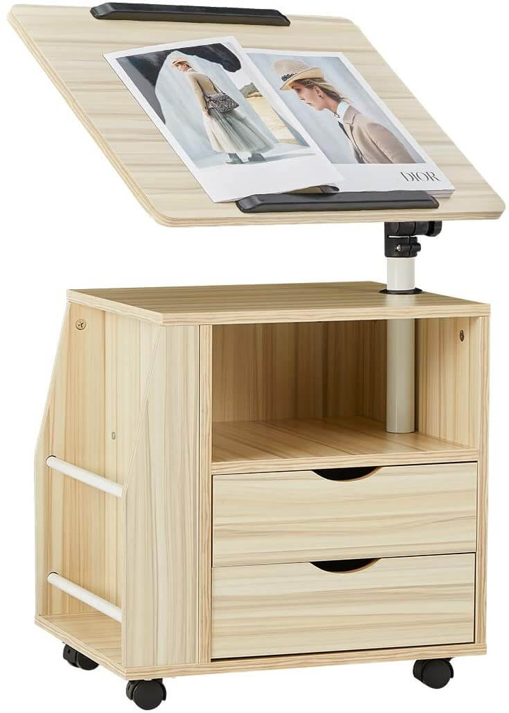 Bedside Table Height Adjustable End Table, Wooden Nightstand with Swivel Top, Storage Drawers & Universal Wheels, White Maple