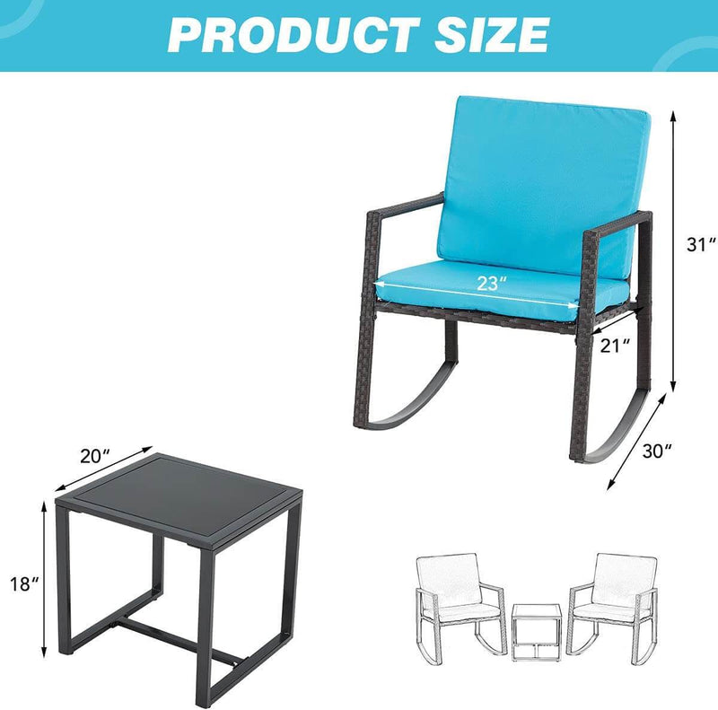3 Pcs Patio Rocking Bistro Set Wicker Porch Chairs Outdoor Furniture Conversation Set w/ Coffee Table