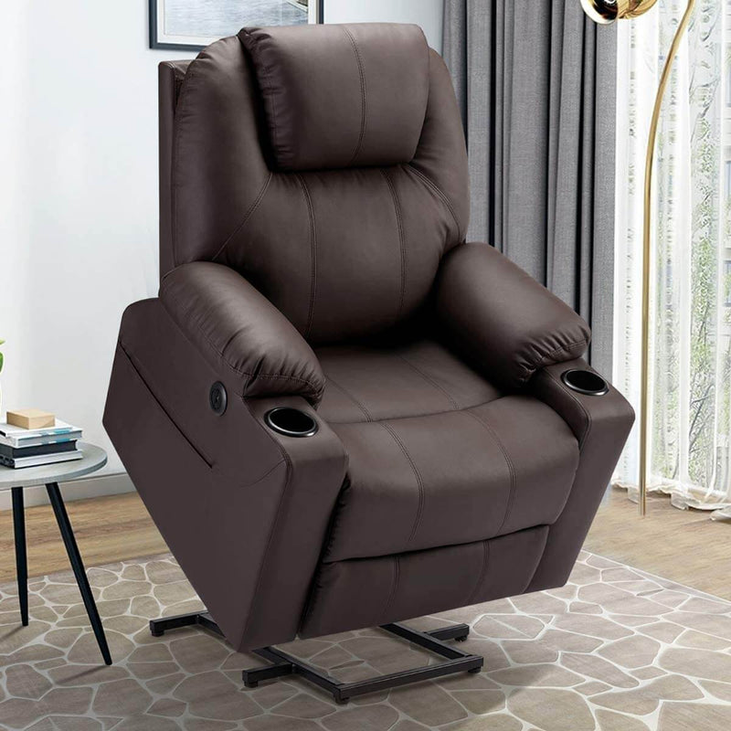 Electric Power Recliner Lift Chair Faux Leather Electric Recliner for Elderly, Heated Vibration Massage Sofa with Side Pockets, USB Charge Port & Remote Control, Dark Brown