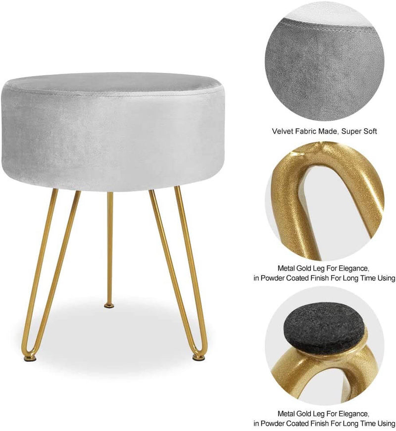 Velvet Footrest Ottoman Round Modern Upholstered Vanity Footstool Side Table Seat Dressing Chair with Golden Metal Leg, Gray