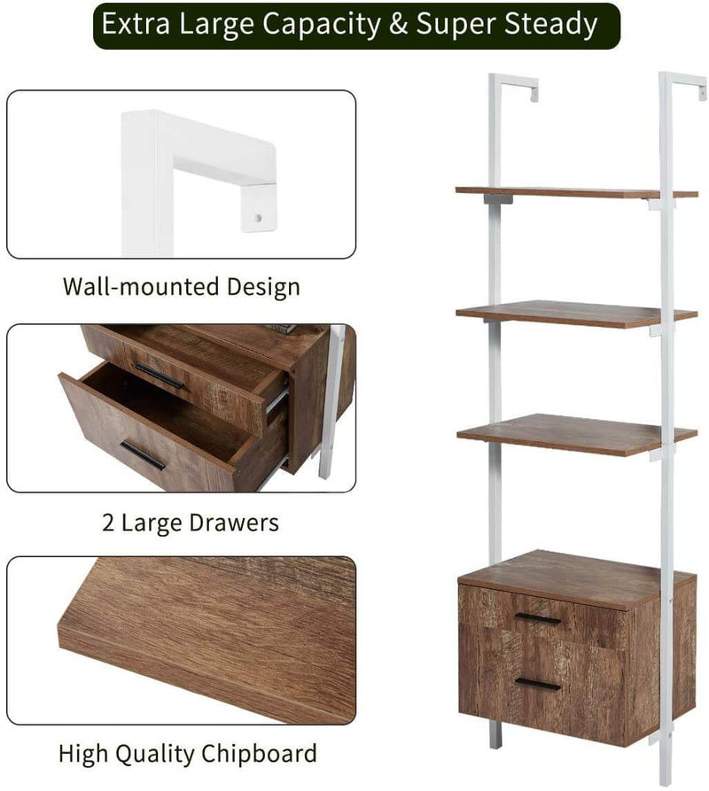 Wall Mounted Industrial 3-Tier Bookshelf with 2 Wood Drawers & Matte Steel Frame Ladder Shelf Bookcase, White
