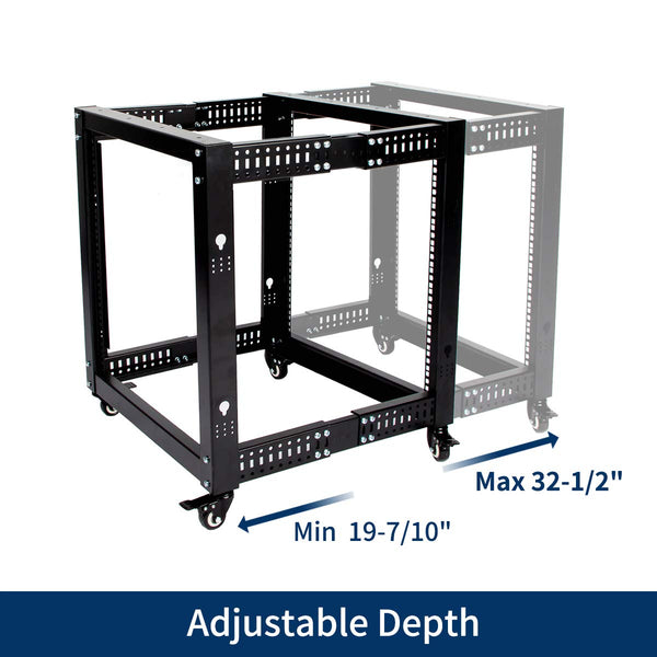 12U Network Rack Open Frame Server Rack Shelf Adjustable Depth with Casters