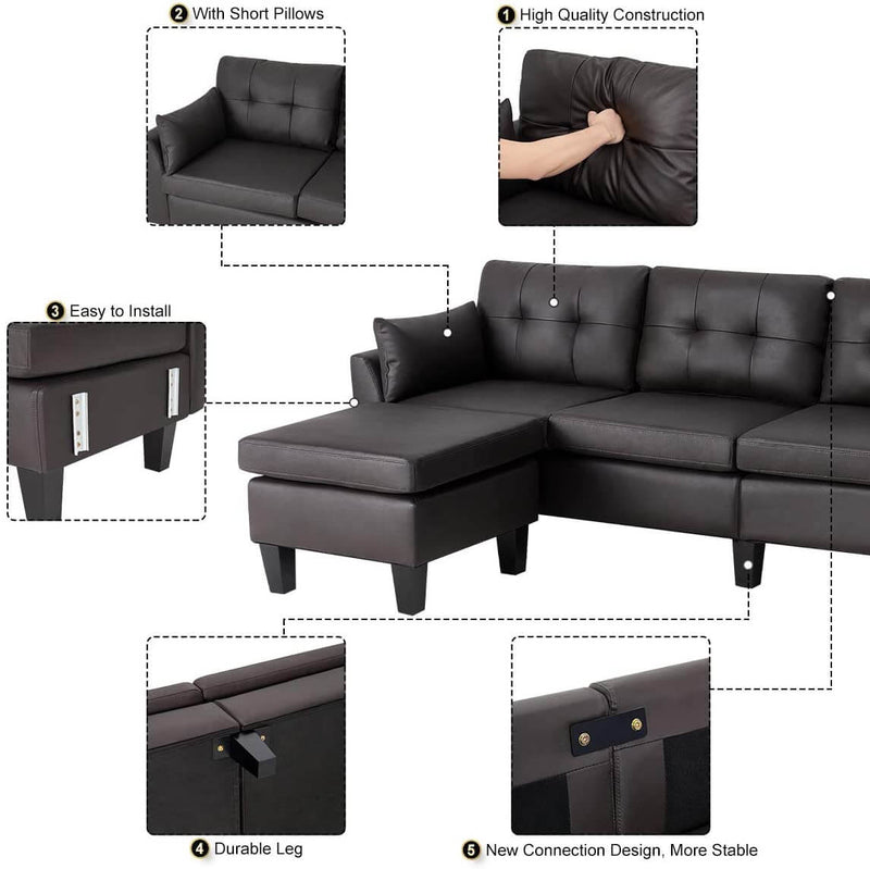 4-Seat Sectional Sofa Convertible Couch Black Reversible L-Shape Couch for Living Room, Living Room Furniture Sets with Chaise Lounge for (Black Coffee)