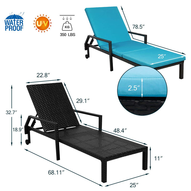Adjustable Outdoor Chaise Lounge Chair Rattan Wicker Patio Lounge Chair Set of 2 with Cushion and Wheels,Black
