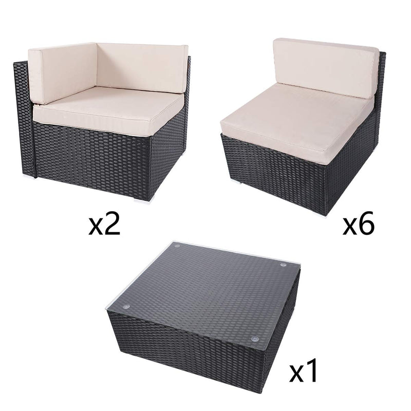 9 Pieces Patio PE Rattan Wicker Sofa Set Outdoor Sectional Furniture Conversation Chairs Set with Cushions and Tea Table Black