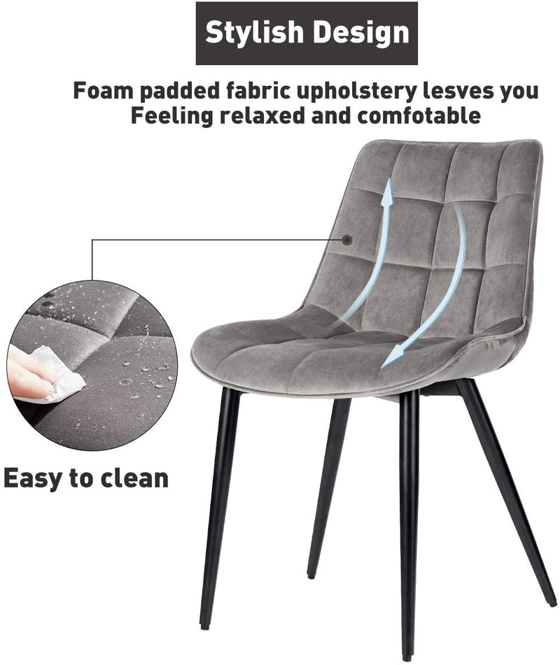 Velvet Dining Chairs Set of 2 Mid Century Modern Leisure Upholstered Chair with Metal Legs Grey