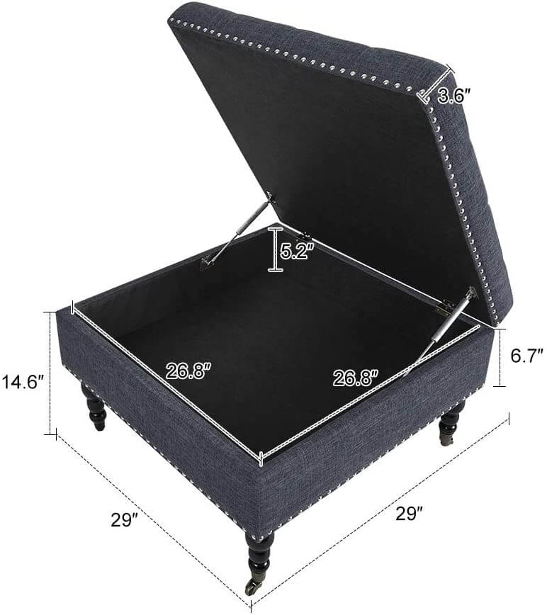 29" Square Tufted Button Storage Ottoman Table Bench with Rolling Wheels Nailhead Trim Linen Fabric Foot Rest Stool/Seat for Bedroom, living Room and Hallway (Gray)