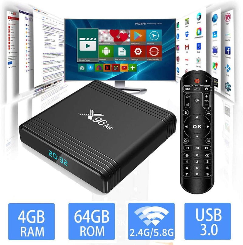 Android 9.0 X96 Air Smart TV Box, 4K Resolution 4GB RAM 64GB ROM, S905X3 Chip Quad Core 64-bit, 2.4Ghz+5Ghz WiFi HDMI2.0 USB3.0 Support TF Card